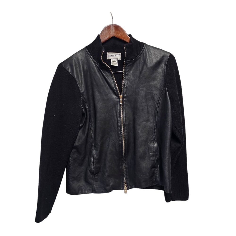 PENDLETON‎ Black Leather Front Merino Wool Knit Back Jacket Size LARGE